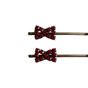 Vintage Bow Hair Bobby Pin Clip Silver Tone With Red Rhinestones 2.7”